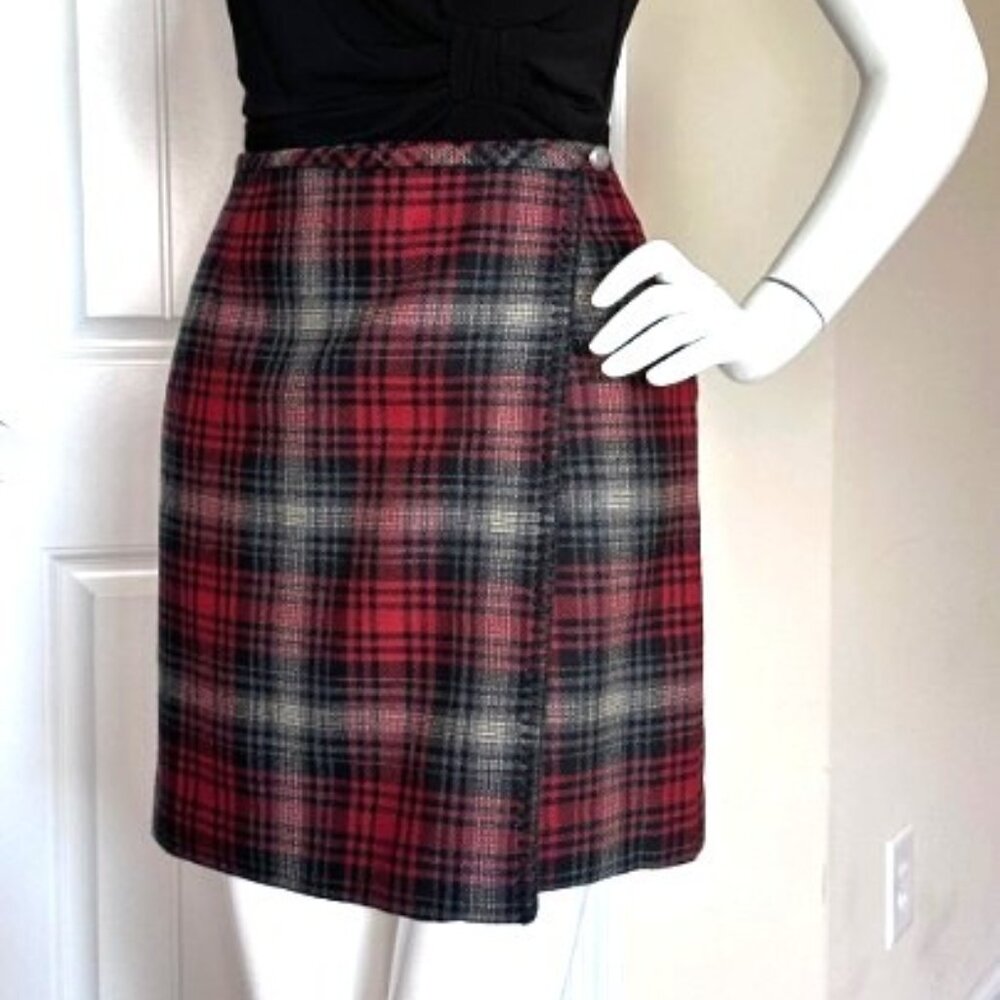 Vintage Eddie Bauer 100% Wool Wrap Skirt Academia Red Plaid Size 20 Tall